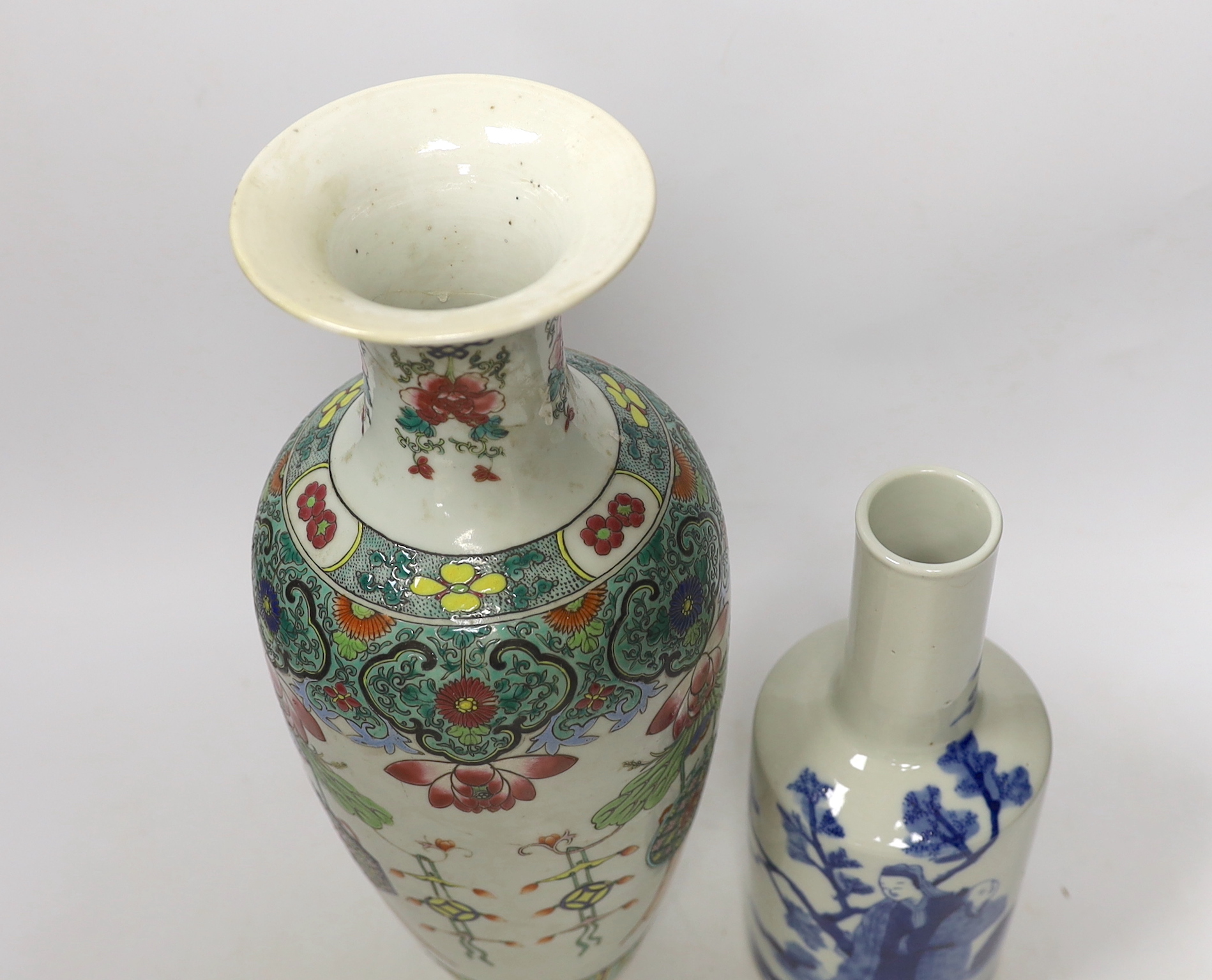 A famille rose vase and blue and white jar, tallest 35.5cm